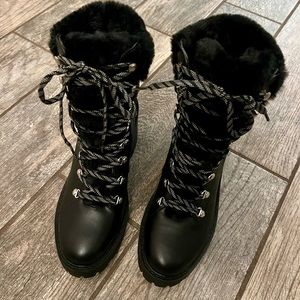 Women’s Combat Boots Platform 3 inch Heel Faux Fur Trim Black Size 9 New Booties